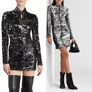 New Isabel Marant Marnela Sequins Cotton Cut Out Dress Silver Size FR36/US4